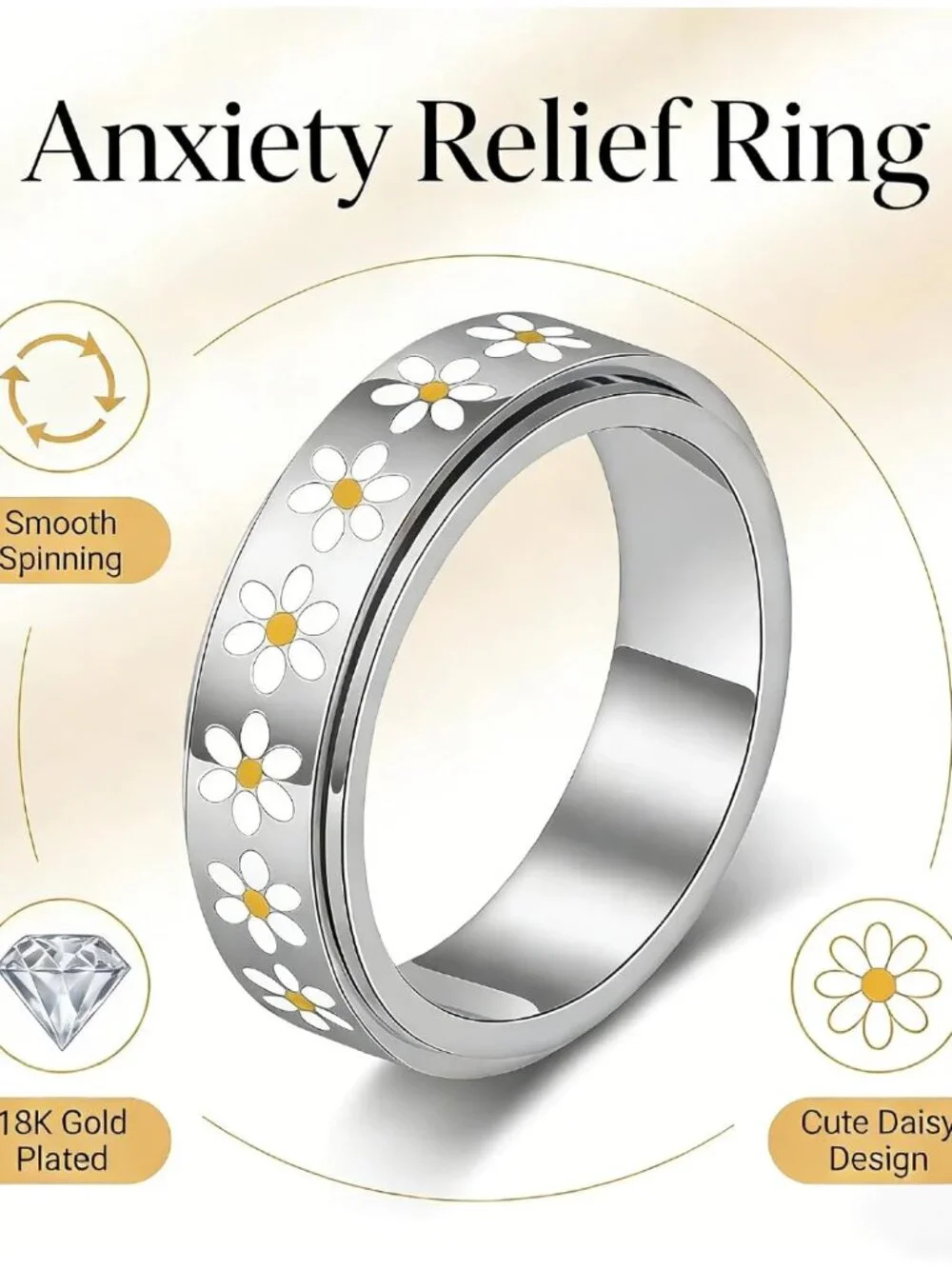 Daisy Fidget Ring for Anxiety Relief - 18K Gold Plated Stainless Steel Spinner B - Picture 2 of 7
